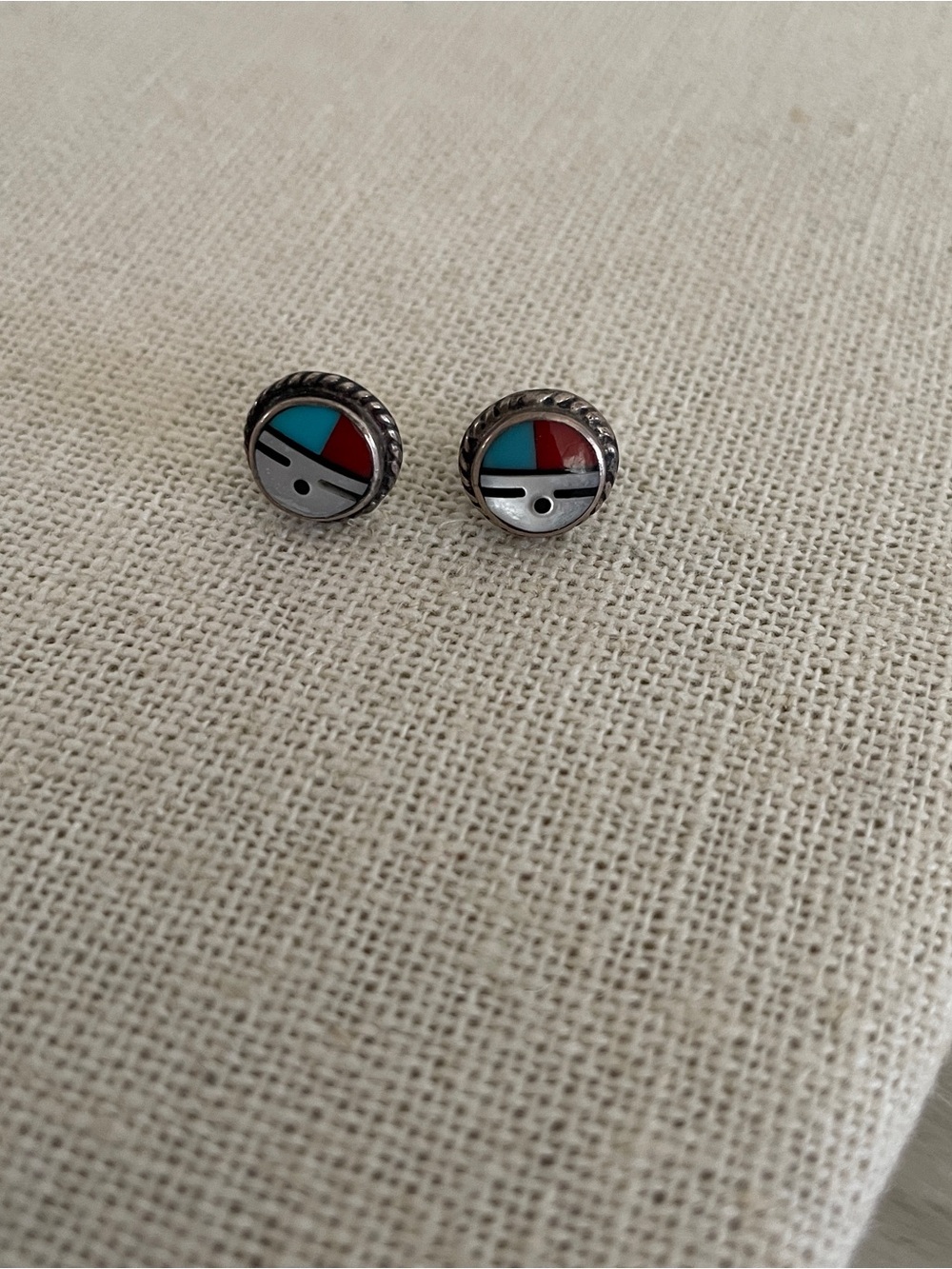 Vintage Zuni Inlay Round Stud Sterling Earrings with Turquoise & Red Accents